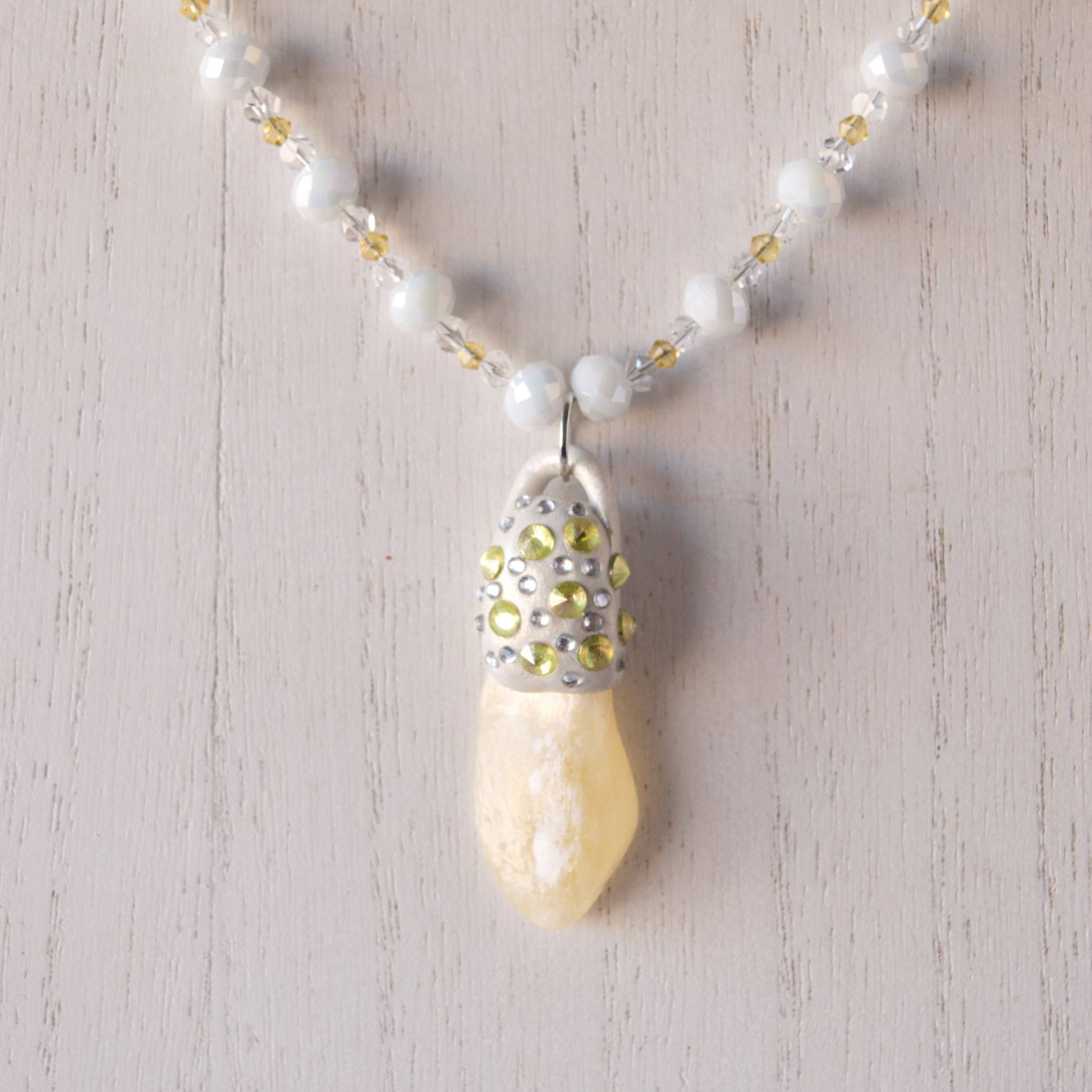 Natural Yellow Moonstone and Clay Pendant Bead Necklace