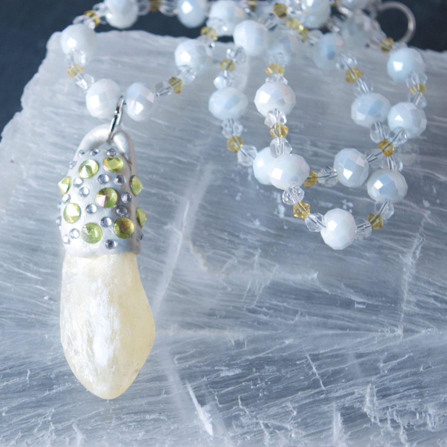 Natural Yellow Moonstone and Clay Pendant Bead Necklace