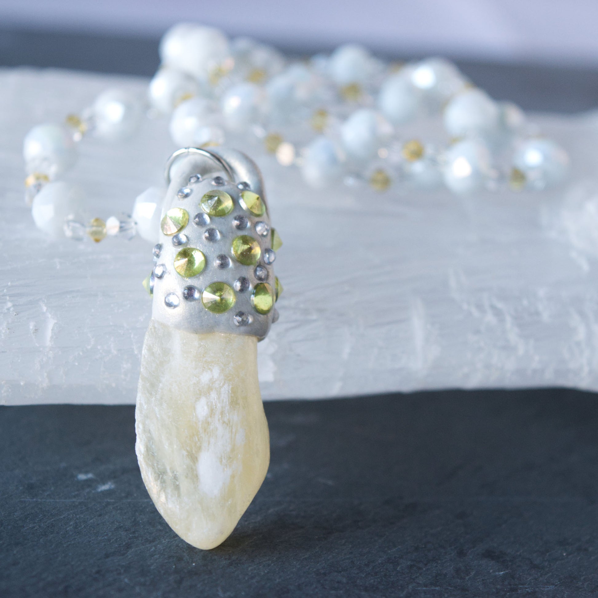 Natural Yellow Moonstone and Clay Pendant Bead Necklace