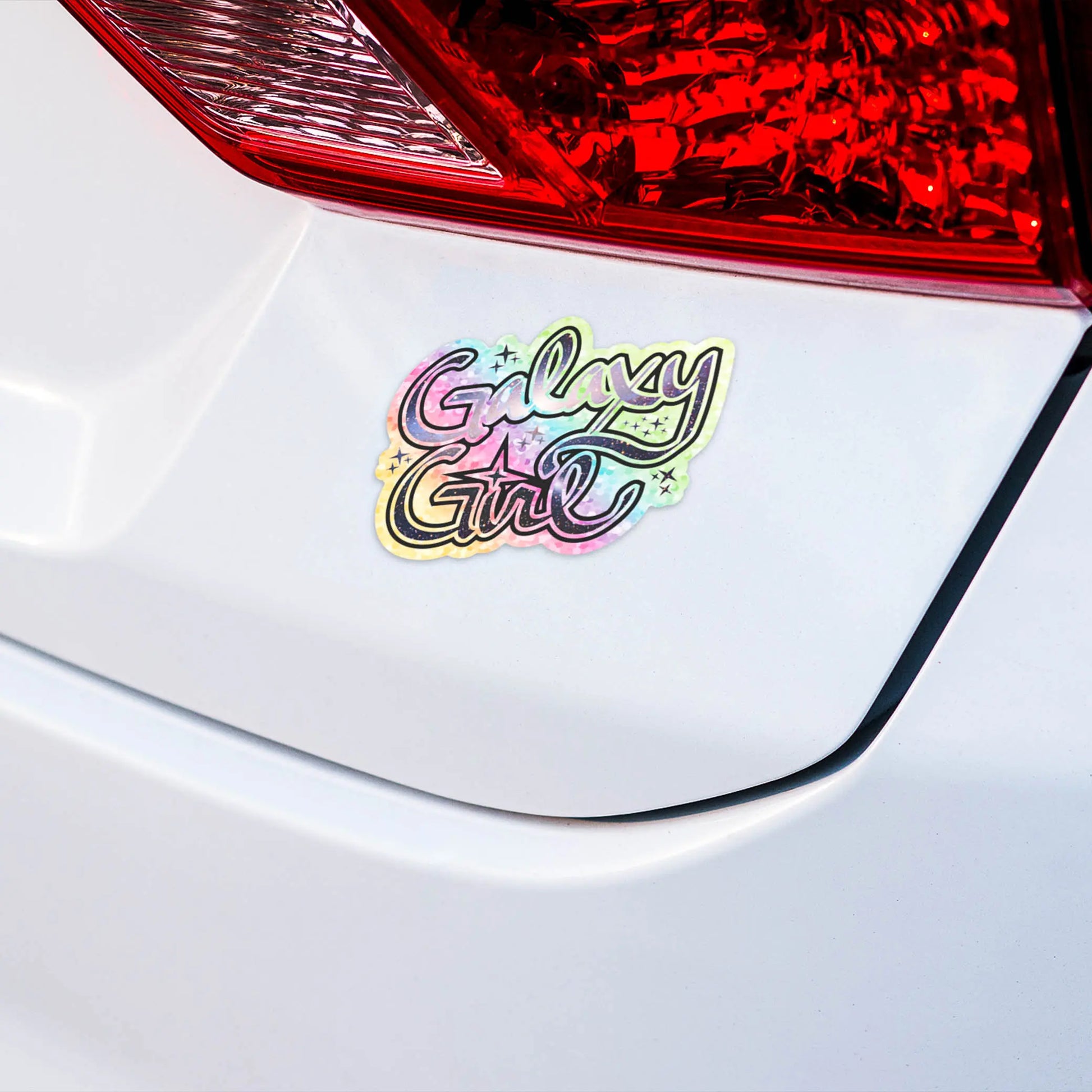 Galaxy Girl Die-Cut Sparkle 3" Vinyl Sticker on a white car