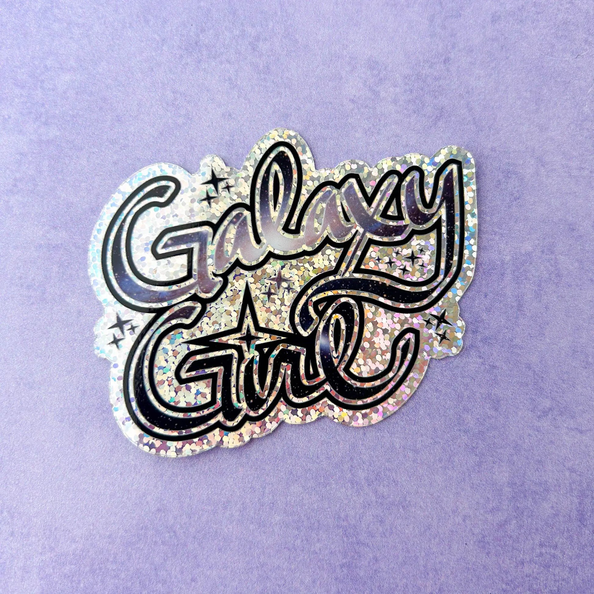 Galaxy Girl Die-Cut Sparkle 3" Vinyl Sticker against a purple background