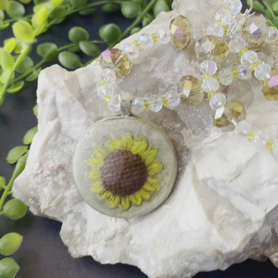 Hand-Painted Sunflower Clay Pendant and Bead Necklace