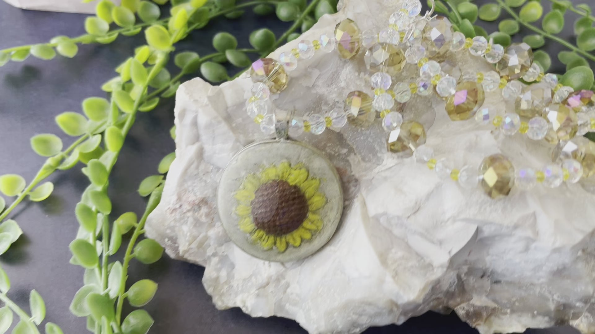 Hand-Painted Sunflower Clay Pendant and Bead Necklace