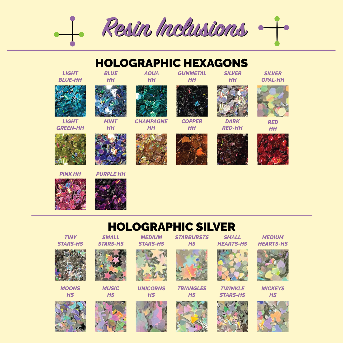 Resin Inclusions - holographic hexagons and silver shapes