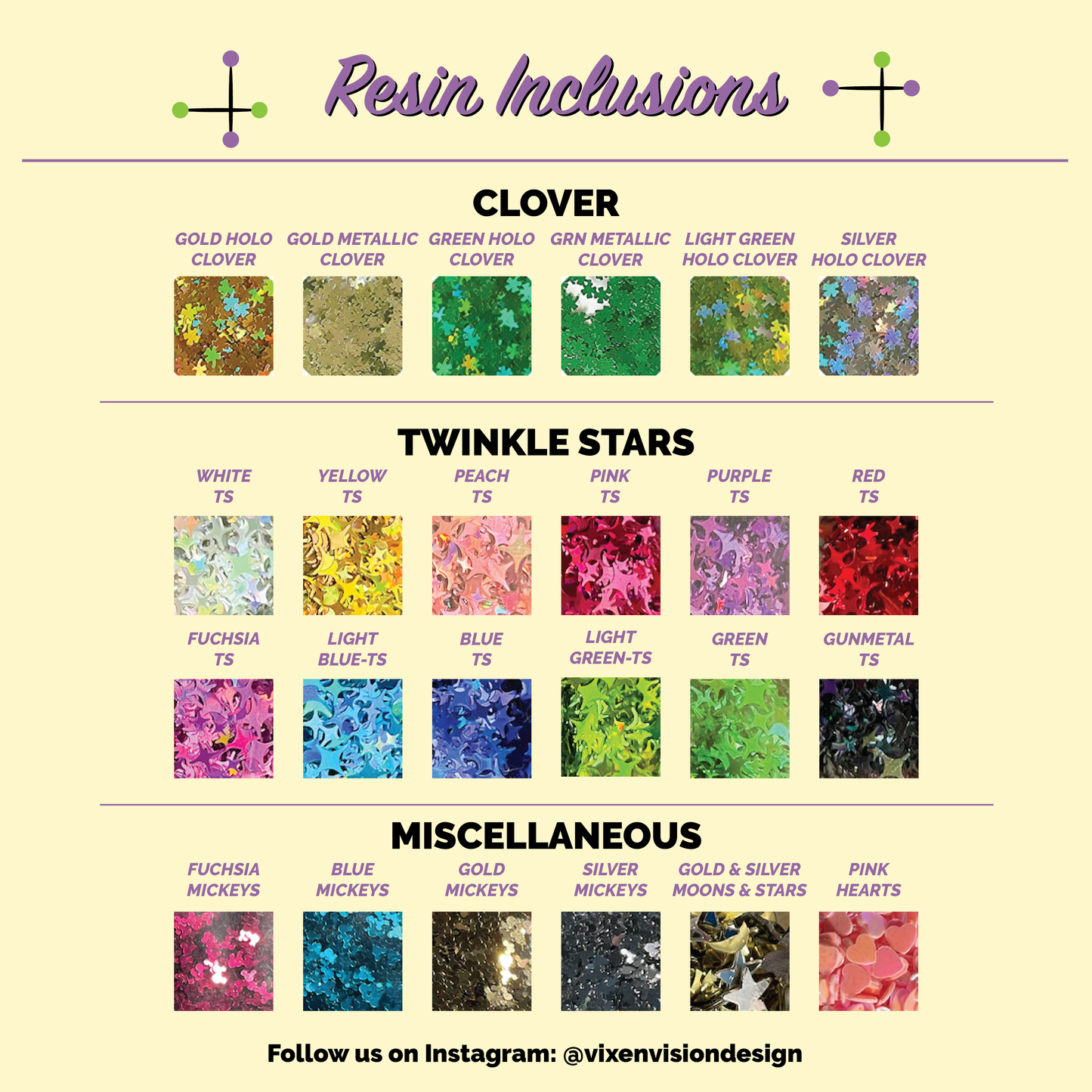Resin Inclusions - clover, twinkle stars, miscellaneous