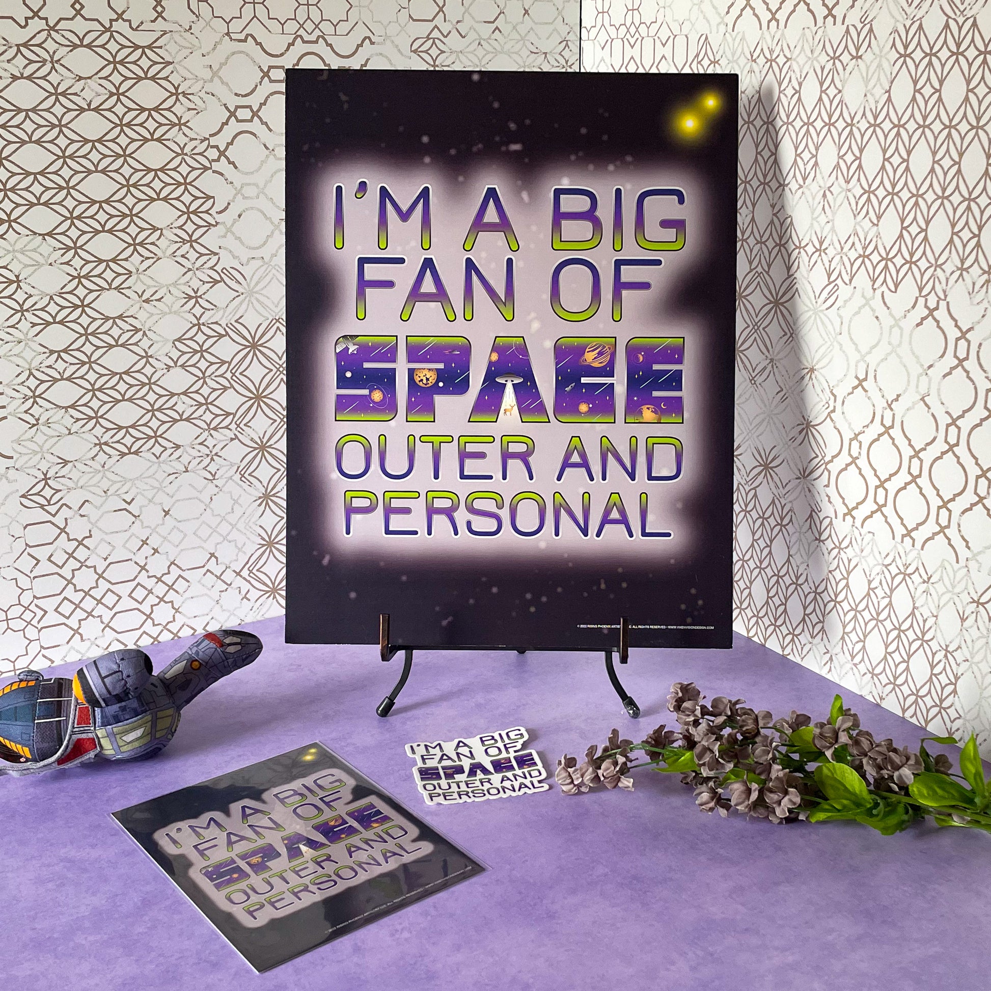 Big Fan of Space - Outer and Personal 11x14 Art Poster on stand with art card and sticker