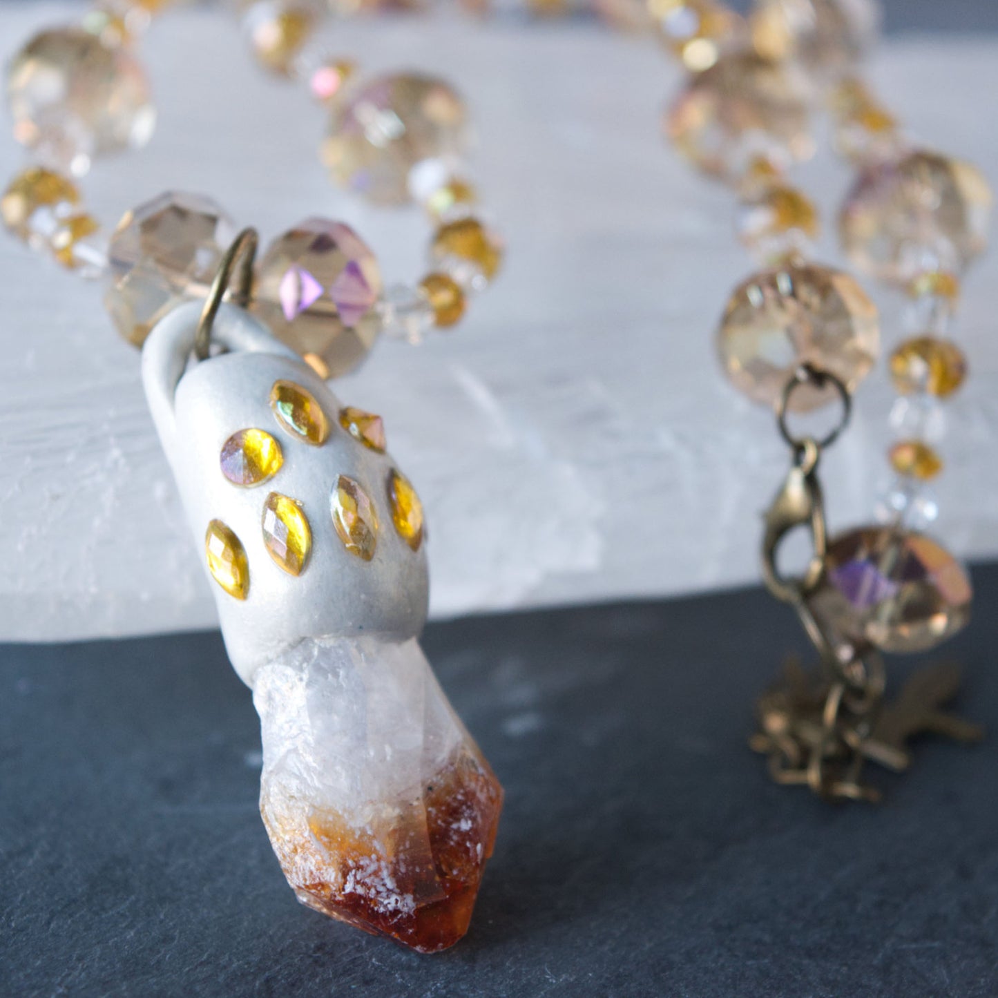 Natural Citrine and Clay Pendant Bead Necklace