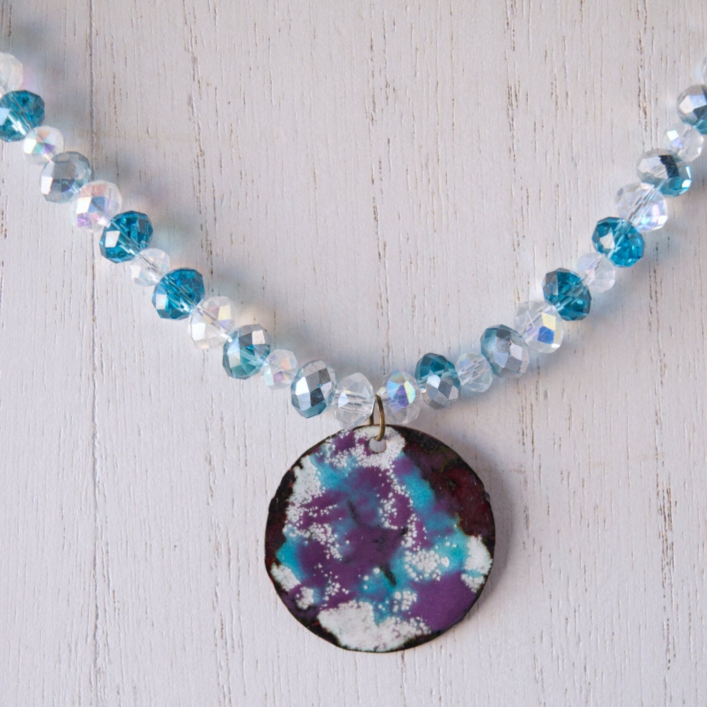 Aqua and Purple Enamel Pendant Bead Necklace