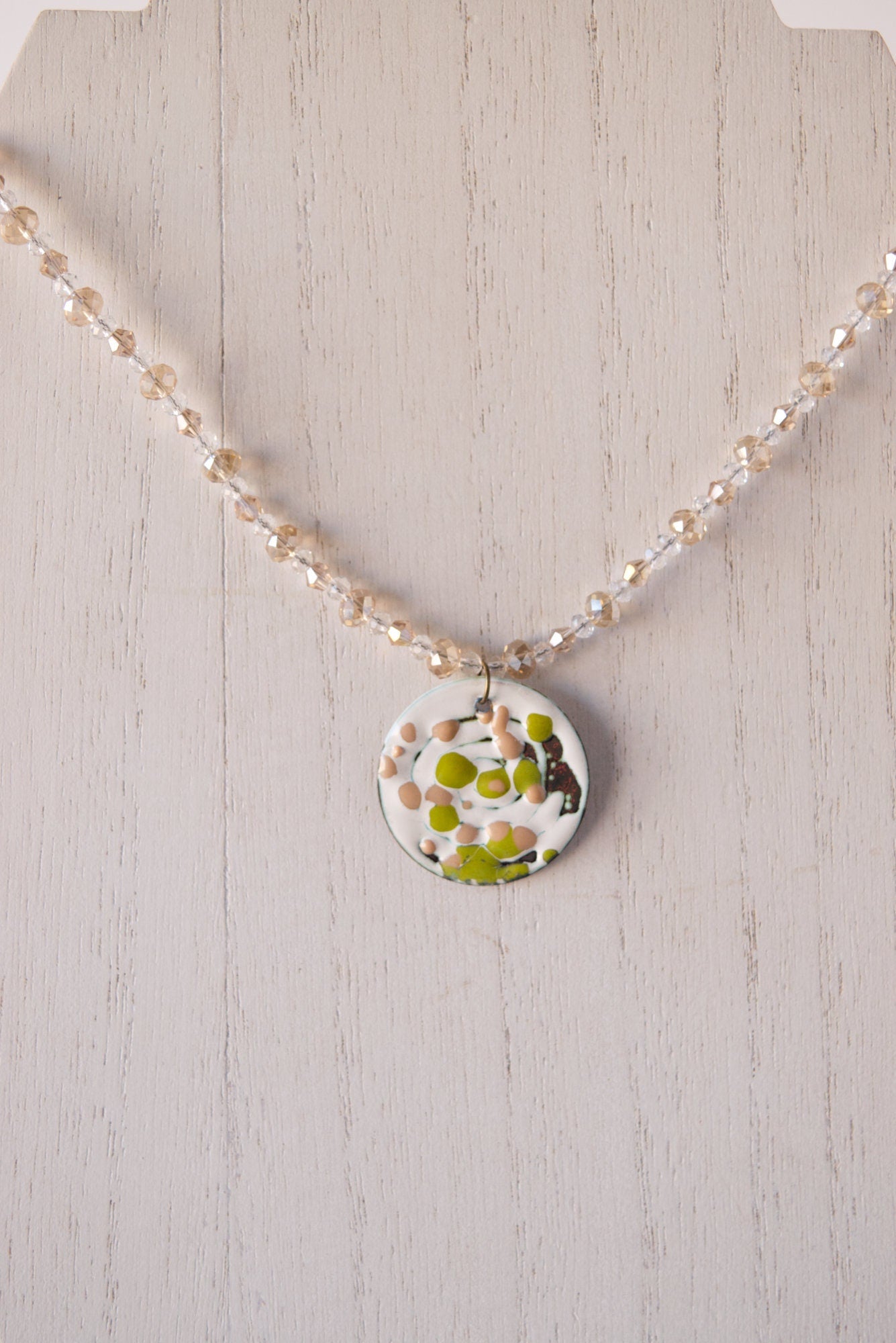 Green and Caramel Enamel Pendant and Beaded Necklace