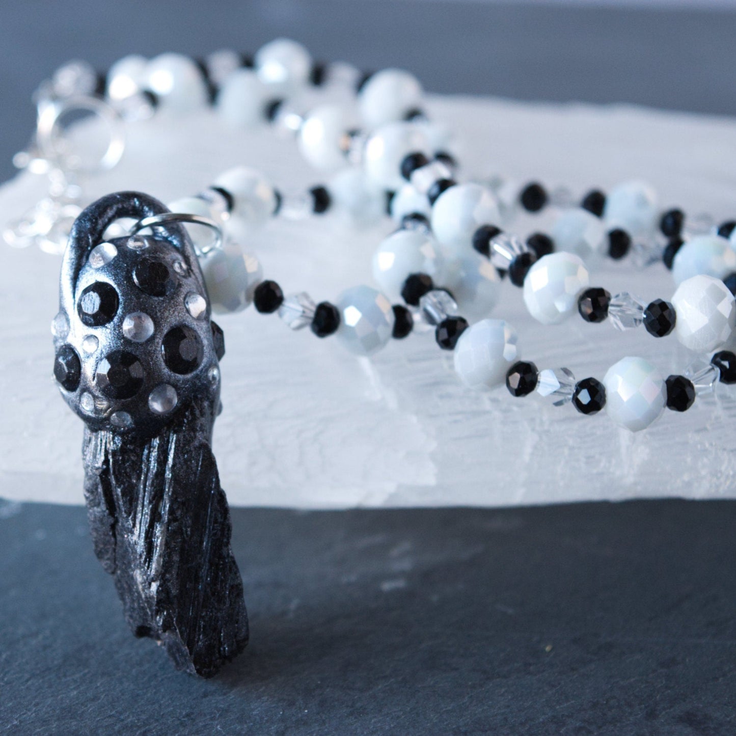 Raw Tektite and Clay Pendant Bead Necklace