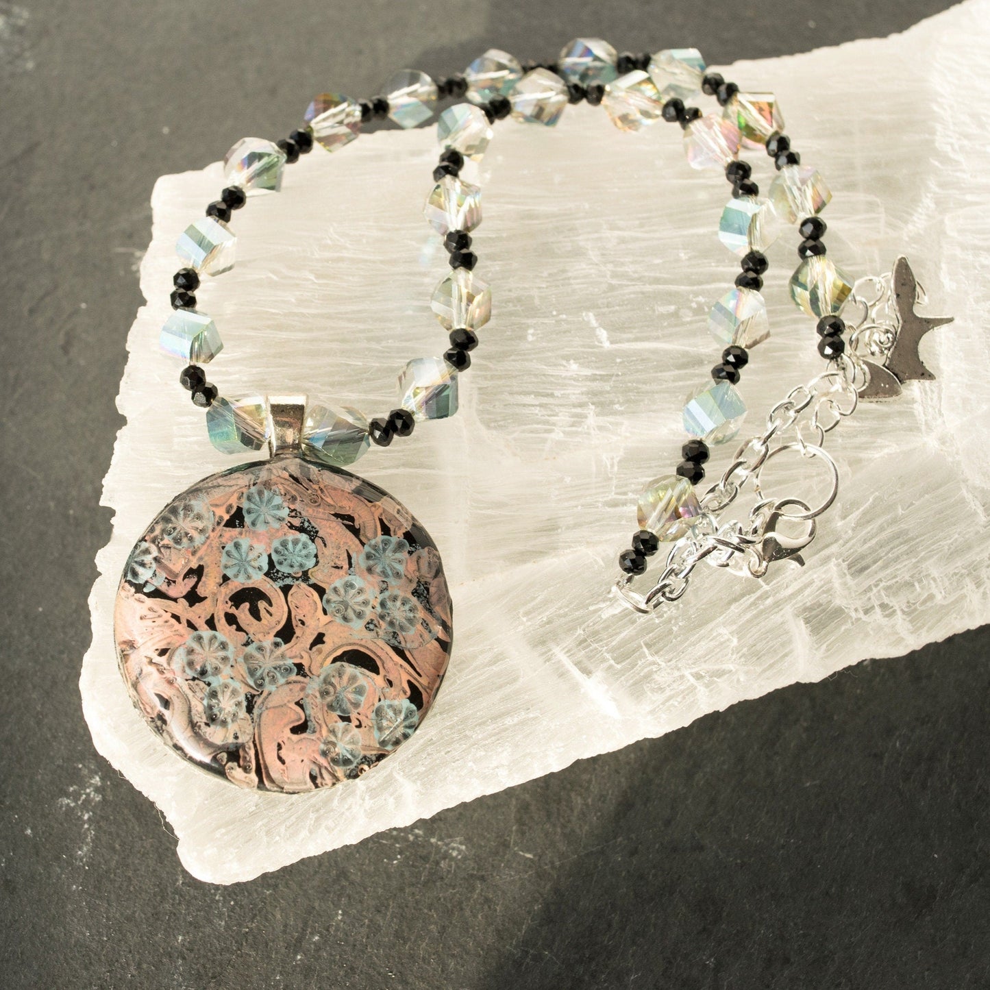 Floral Scroll Clay Pendant Bead Necklace