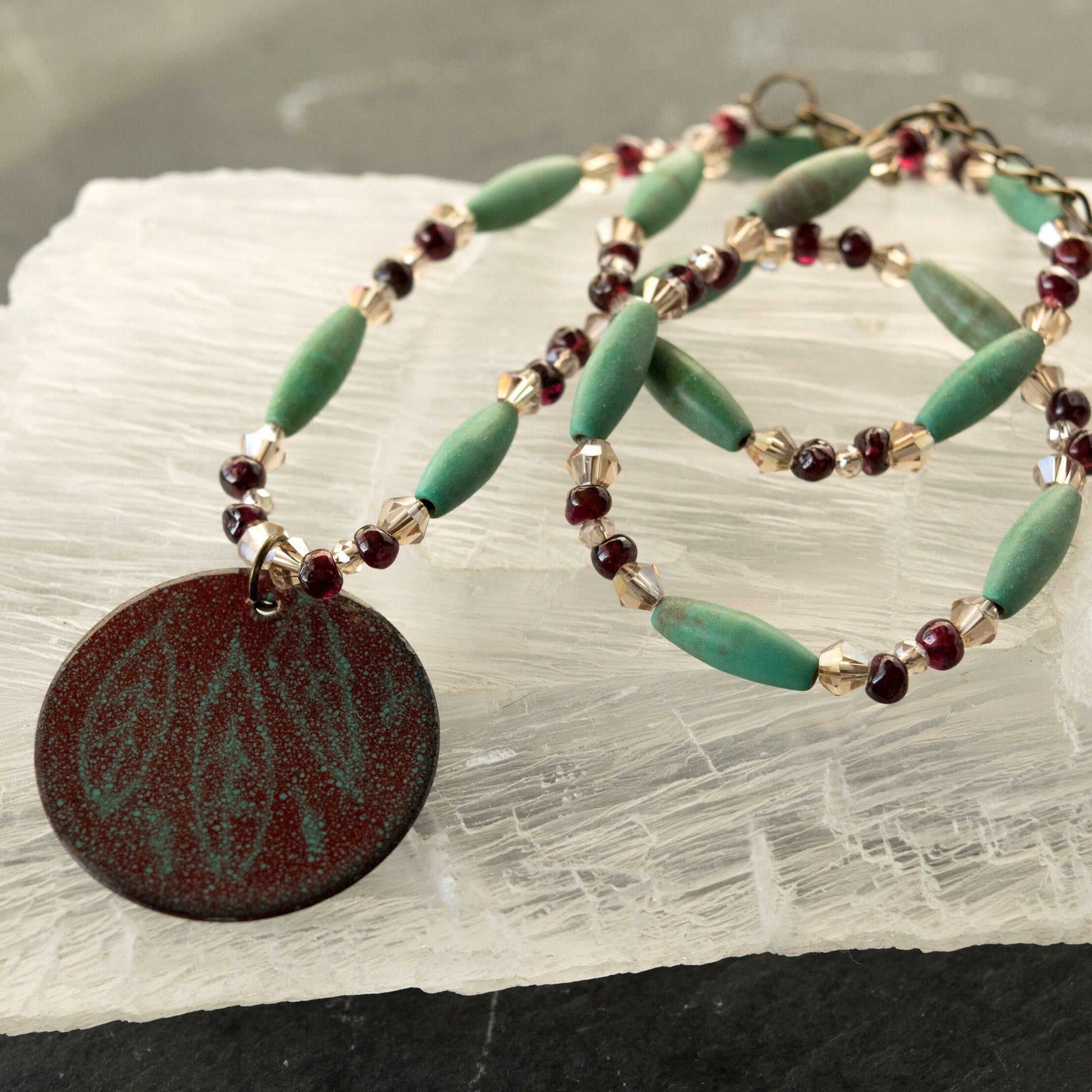 Red and Green Etched Leaf Enamel Pendant with Garnet and Magnesite Bead Necklace on Selenite