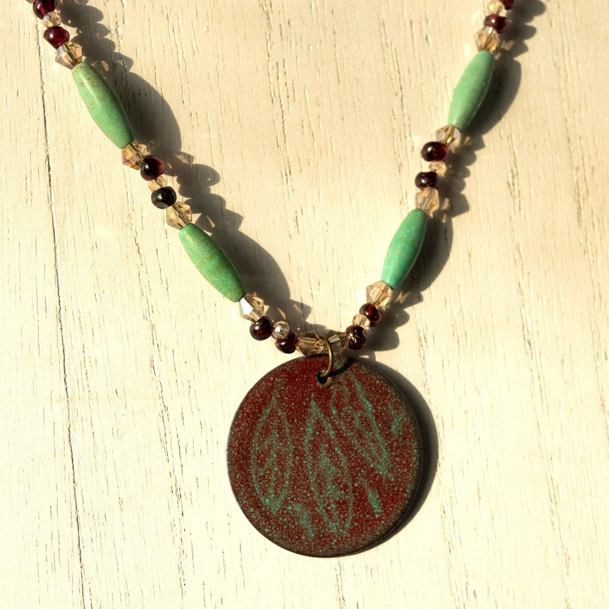 Red and Green Etched Leaf Enamel Pendant with Garnet and Magnesite Bead Necklace