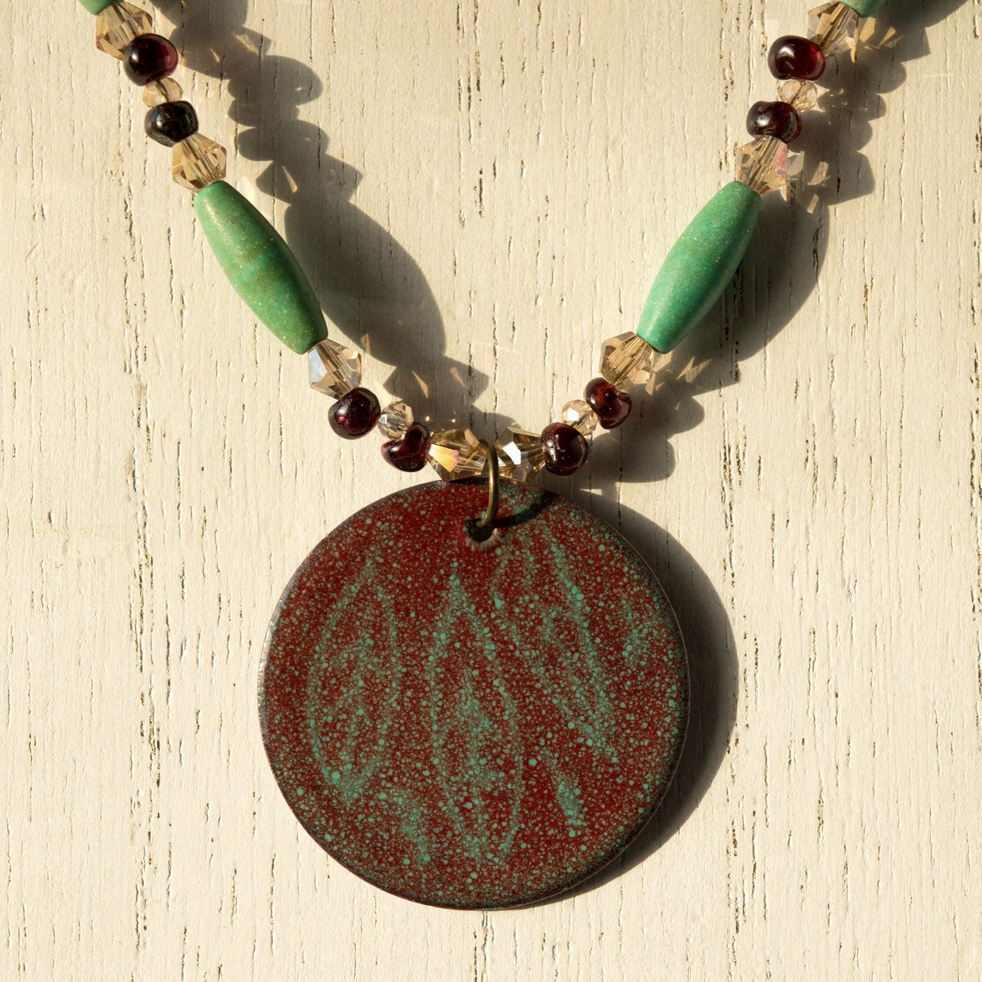 Red and Green Etched Leaf Enamel Pendant with Garnet and Magnesite Bead Necklace