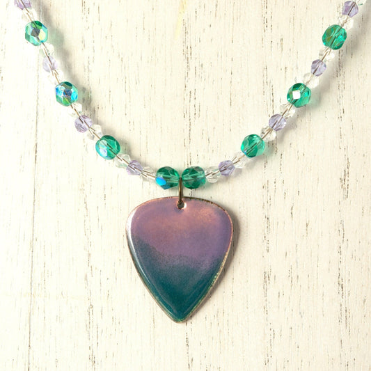 Guitar Pick Enamel Pendant Lilac and Teal Bead Necklace