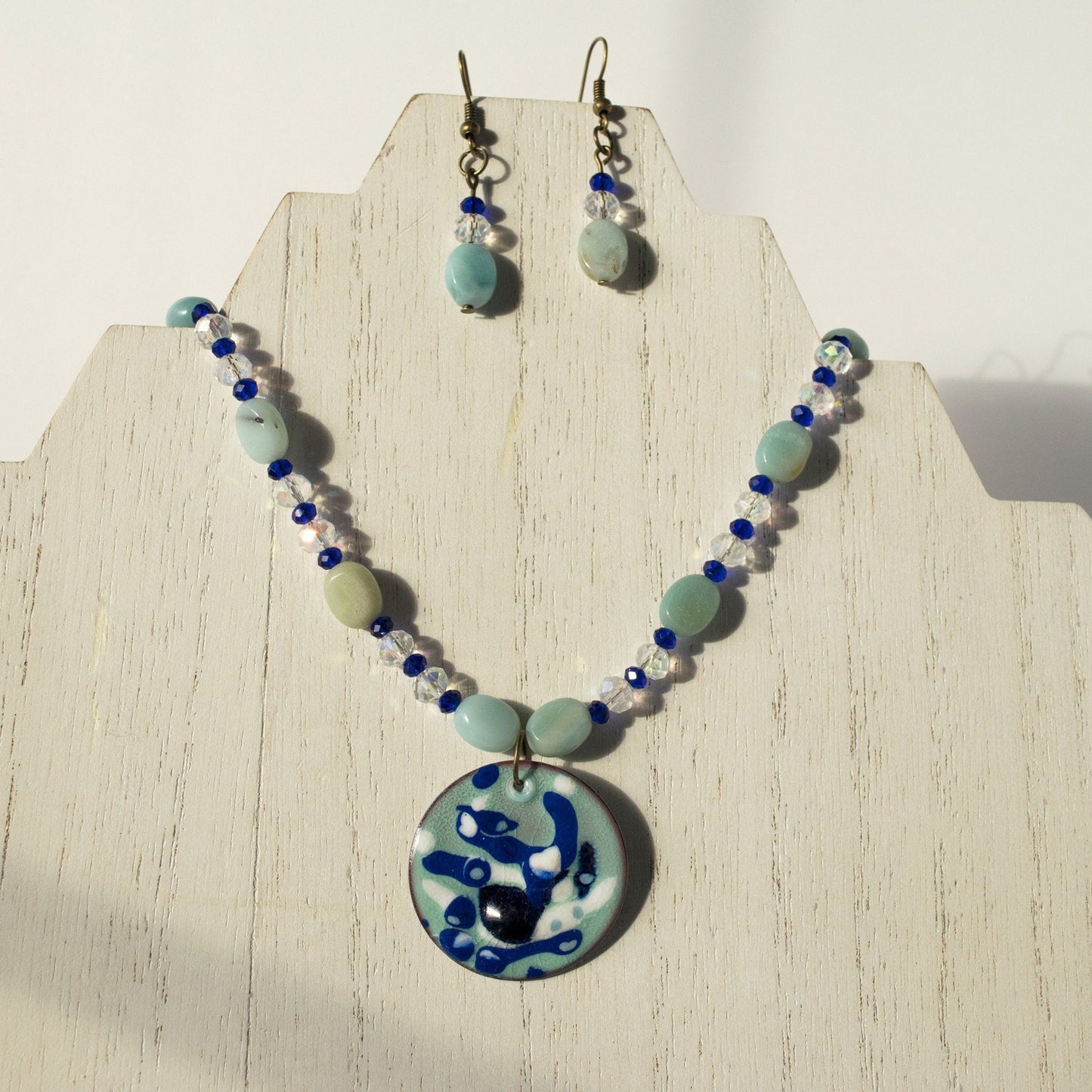 Amazonite and Clear Crystal Earrings and Necklace Set with Blue and White Enameled Pendant