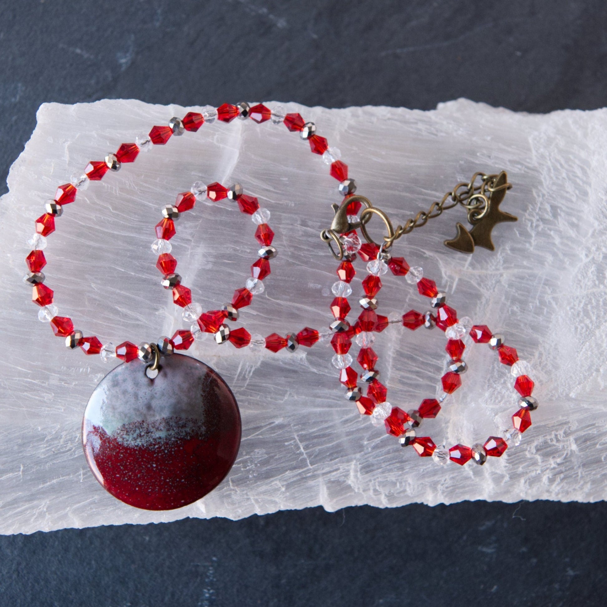 Red and White Enamel Abstract Art Pendant Bead Necklace