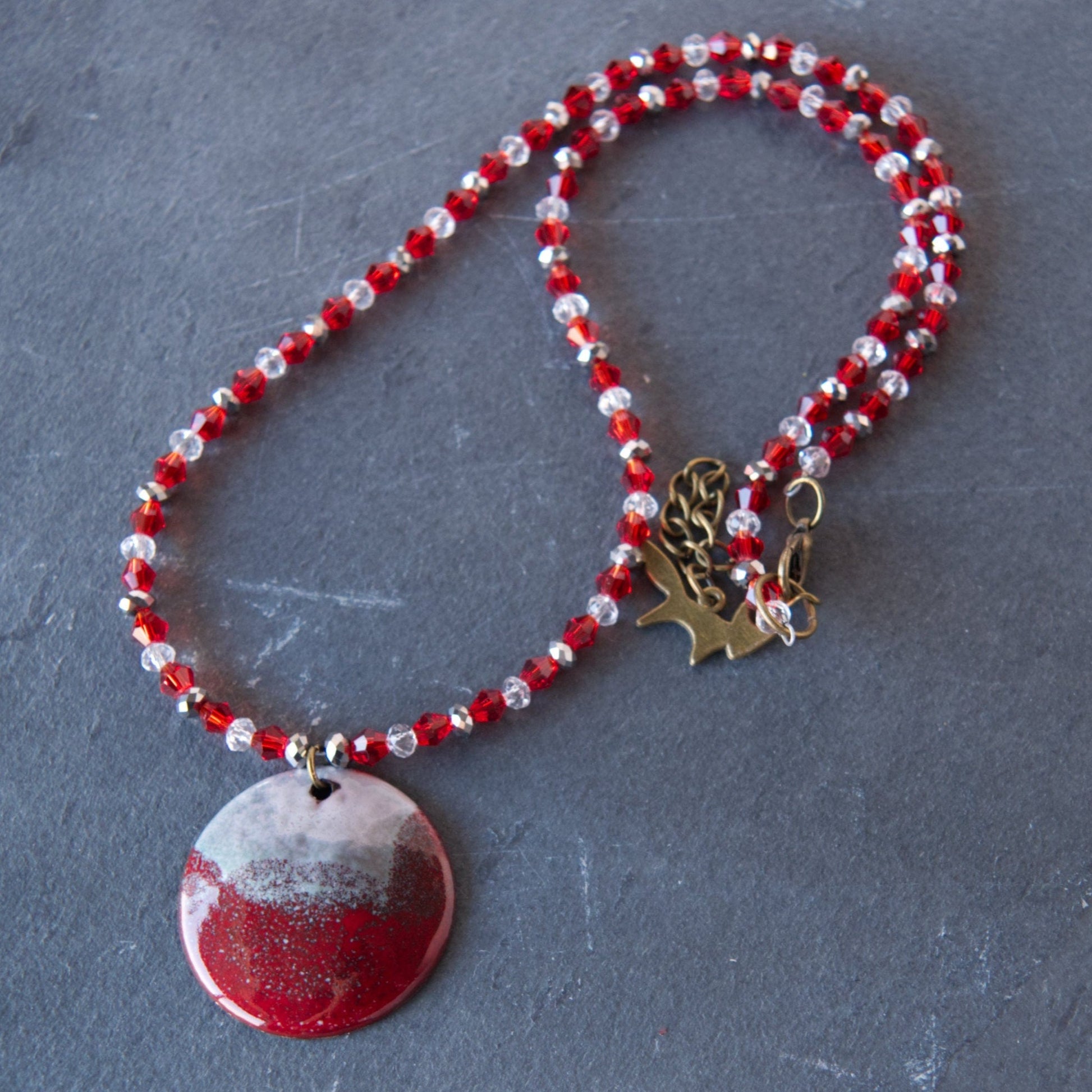 Red and White Enamel Abstract Art Pendant Bead Necklace