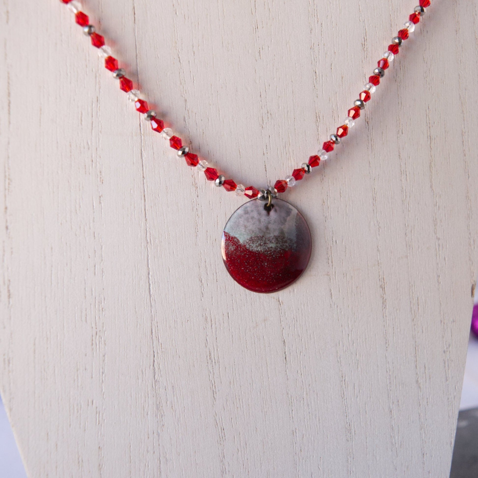 Red and White Enamel Abstract Art Pendant Bead Necklace