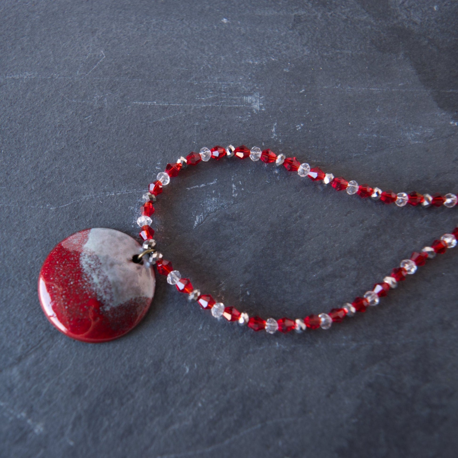 Red and White Enamel Abstract Art Pendant Bead Necklace