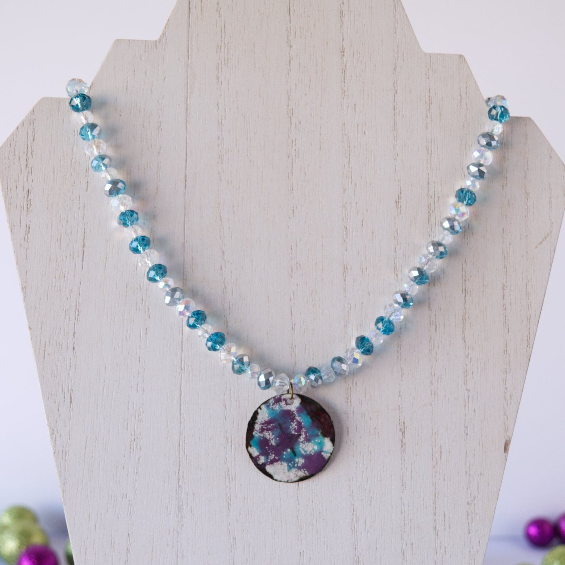 Aqua and Purple Enamel Pendant Bead Necklace