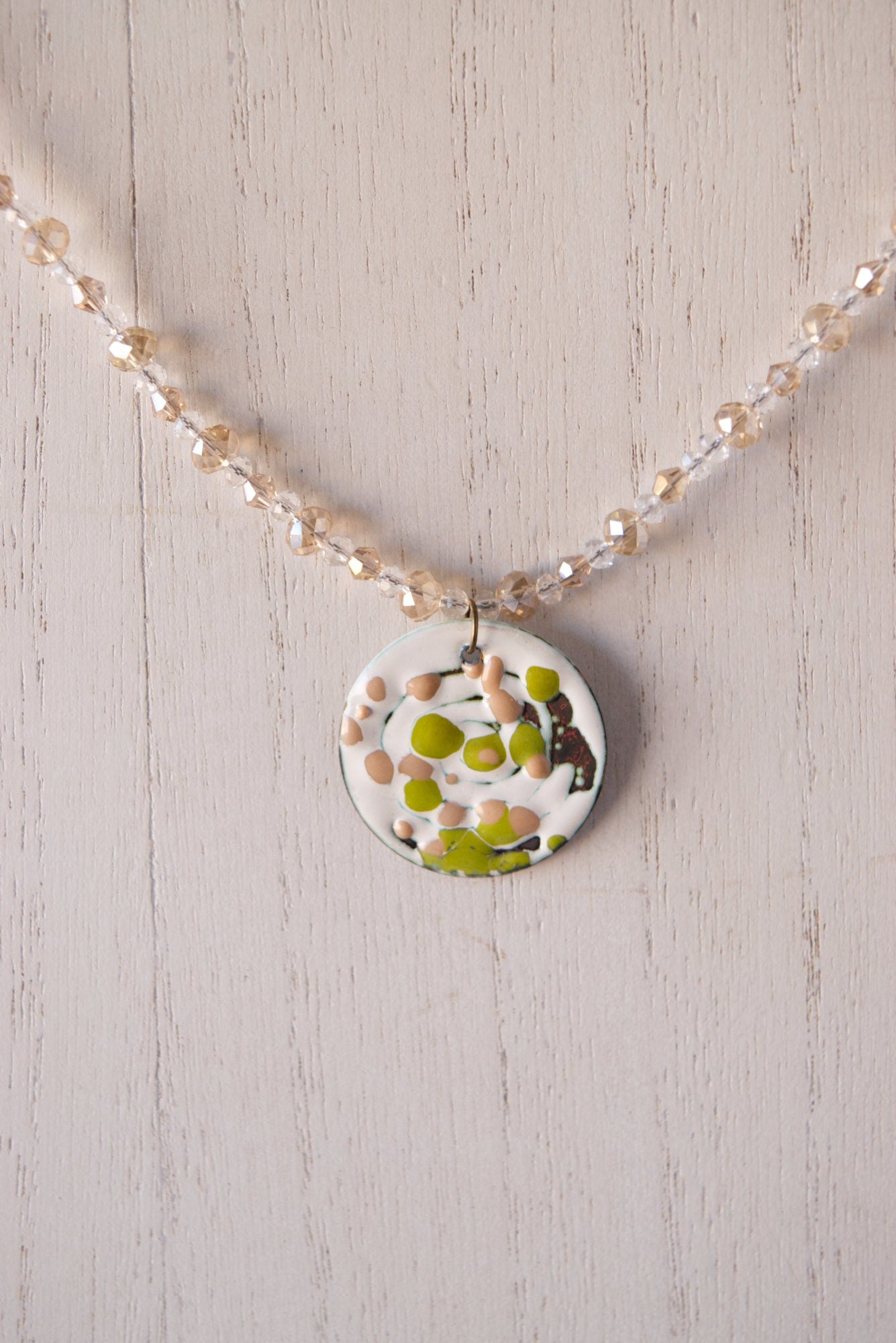 Green and Caramel Enamel Pendant and Beaded Necklace