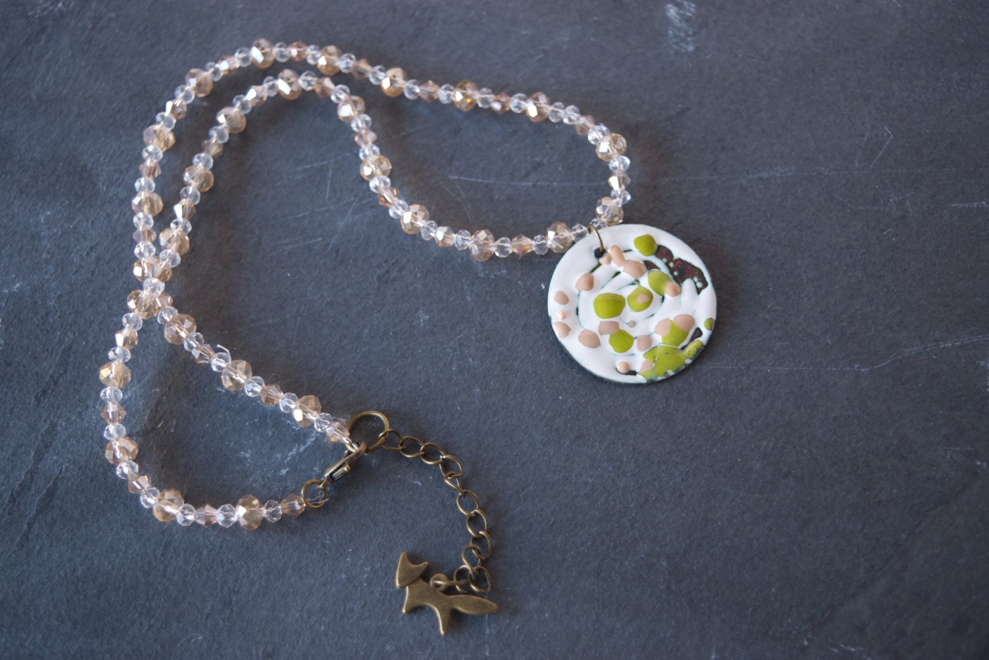 Green and Caramel Enamel Pendant and Beaded Necklace