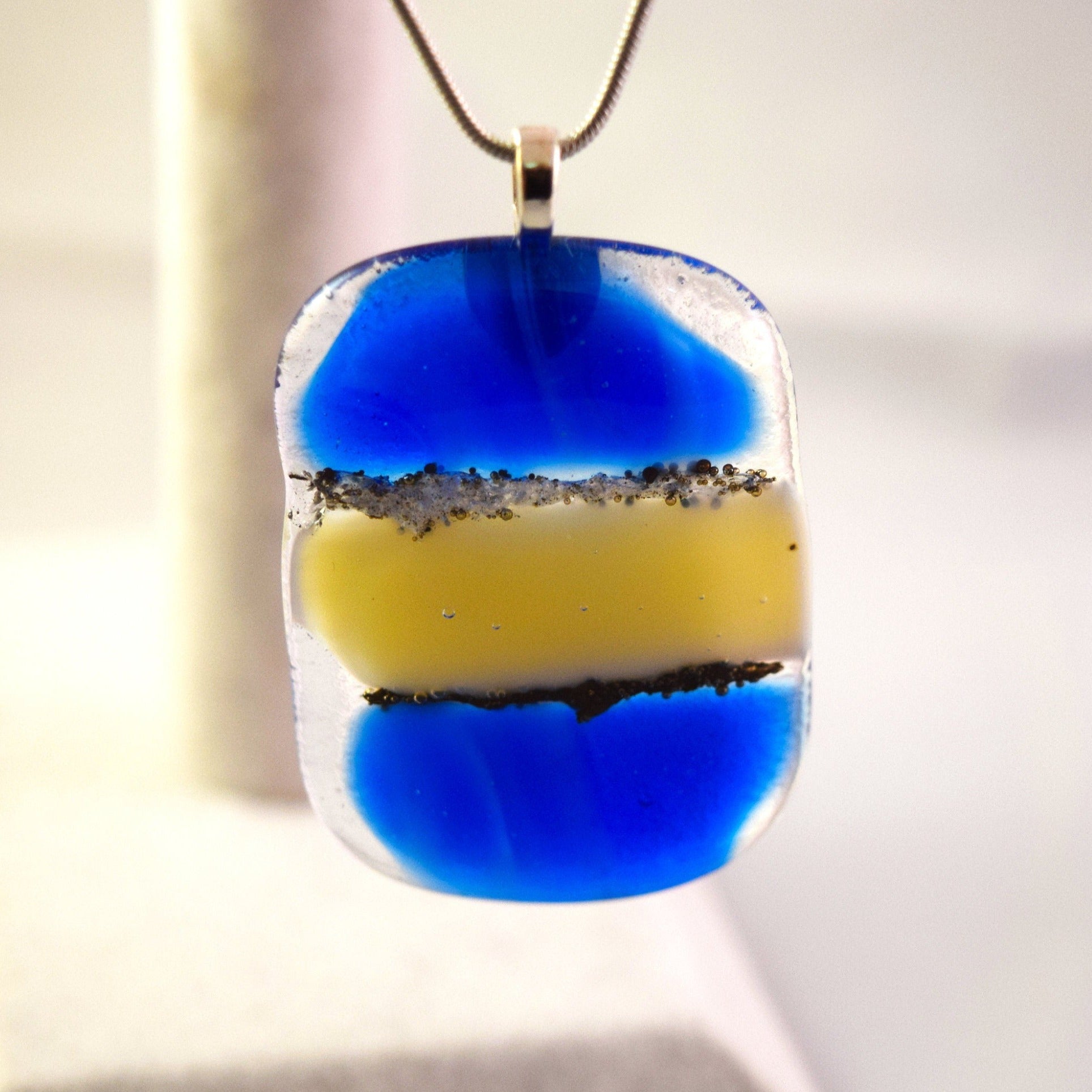 Cobalt Blue and Cream Abstract Fused Glass Pendant Necklace