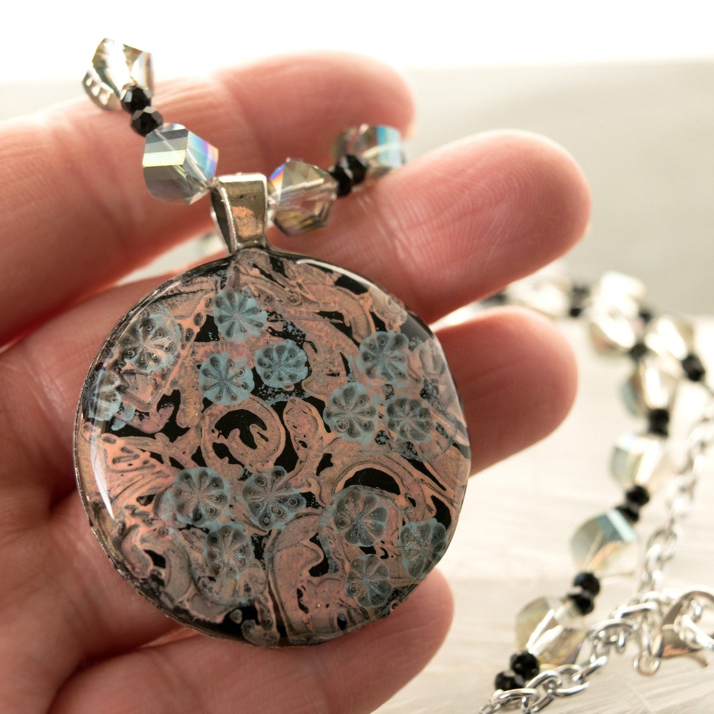 Floral Scroll Clay Pendant Bead Necklace