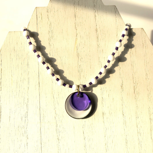 Purple and White Layered Enamel and Glass Pendant Bead Necklace