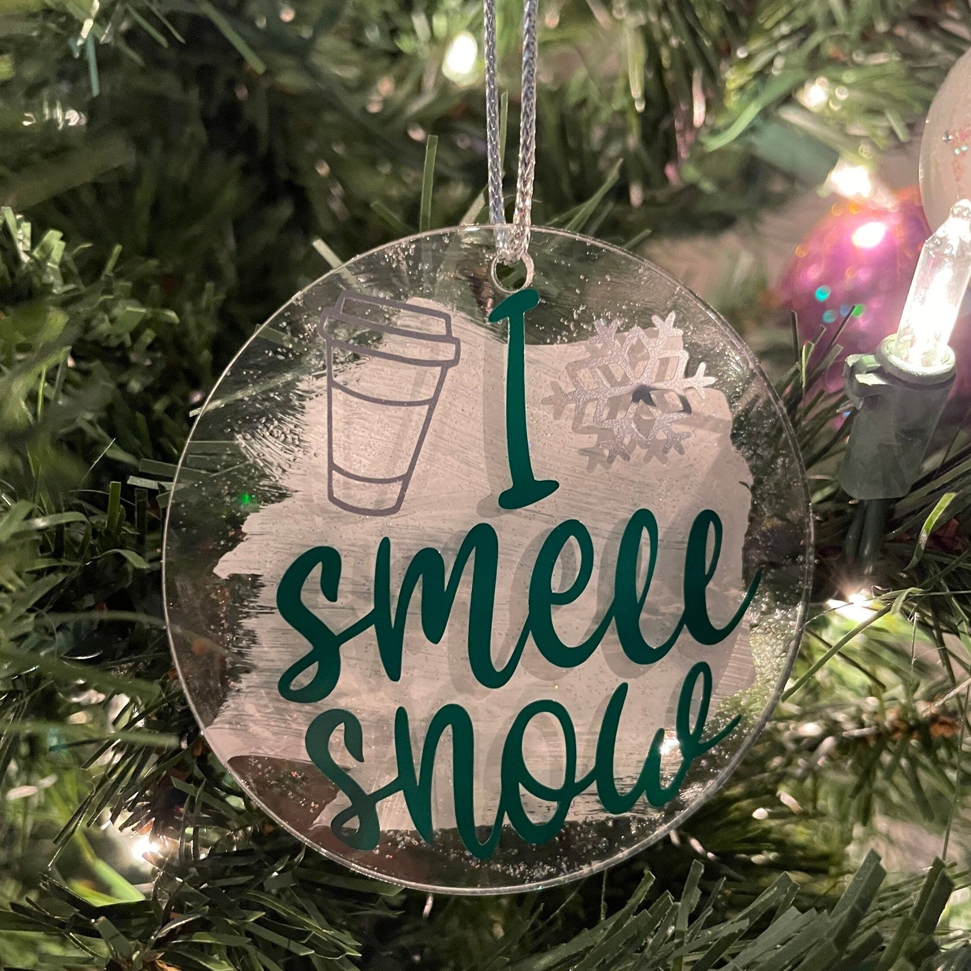 I Smell Snow Vinyl and Painted Acrylic 3" Round Christmas Ornament