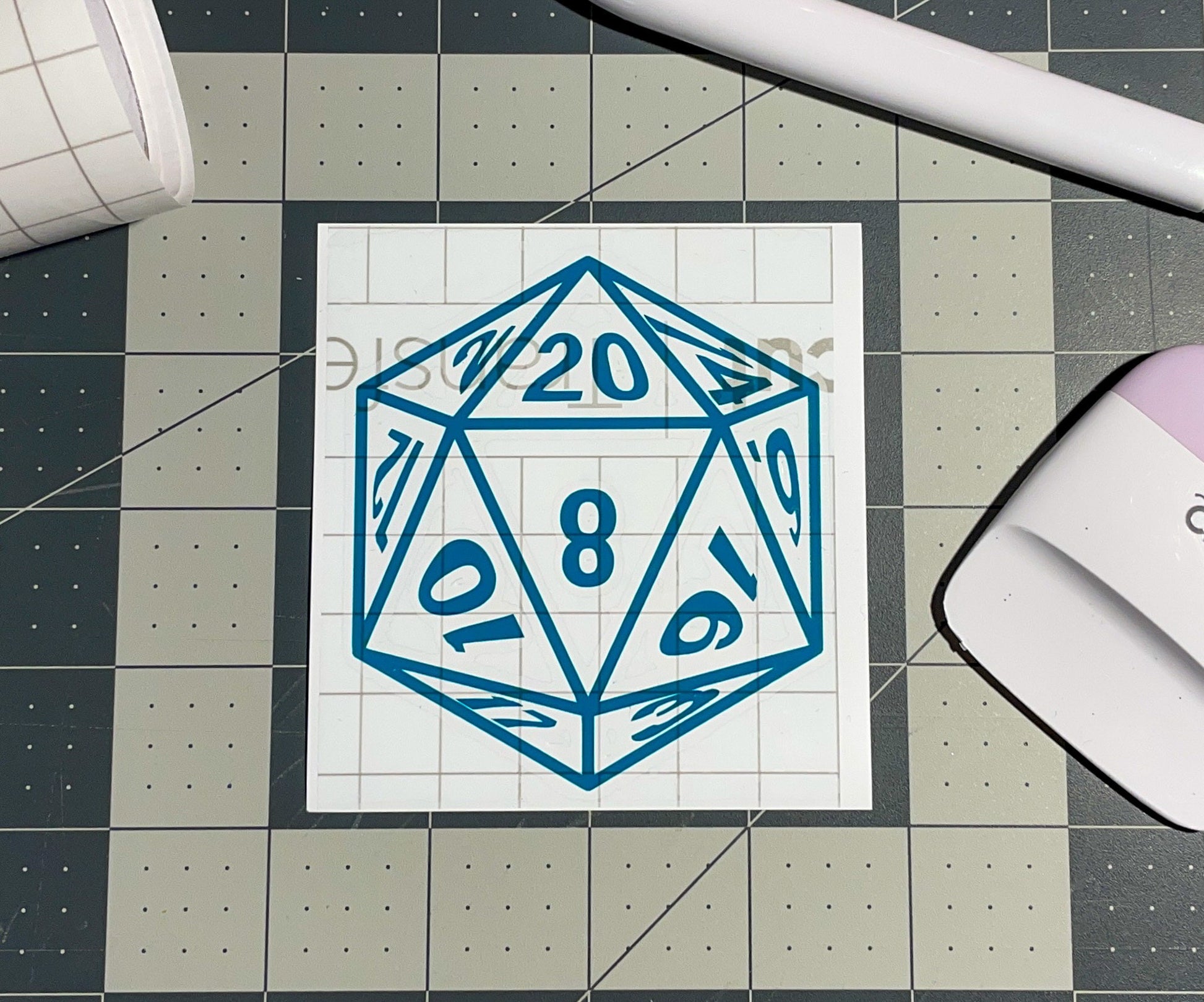D20 Role-Playing Die Geek Vinyl Decal in teal with transfer tape