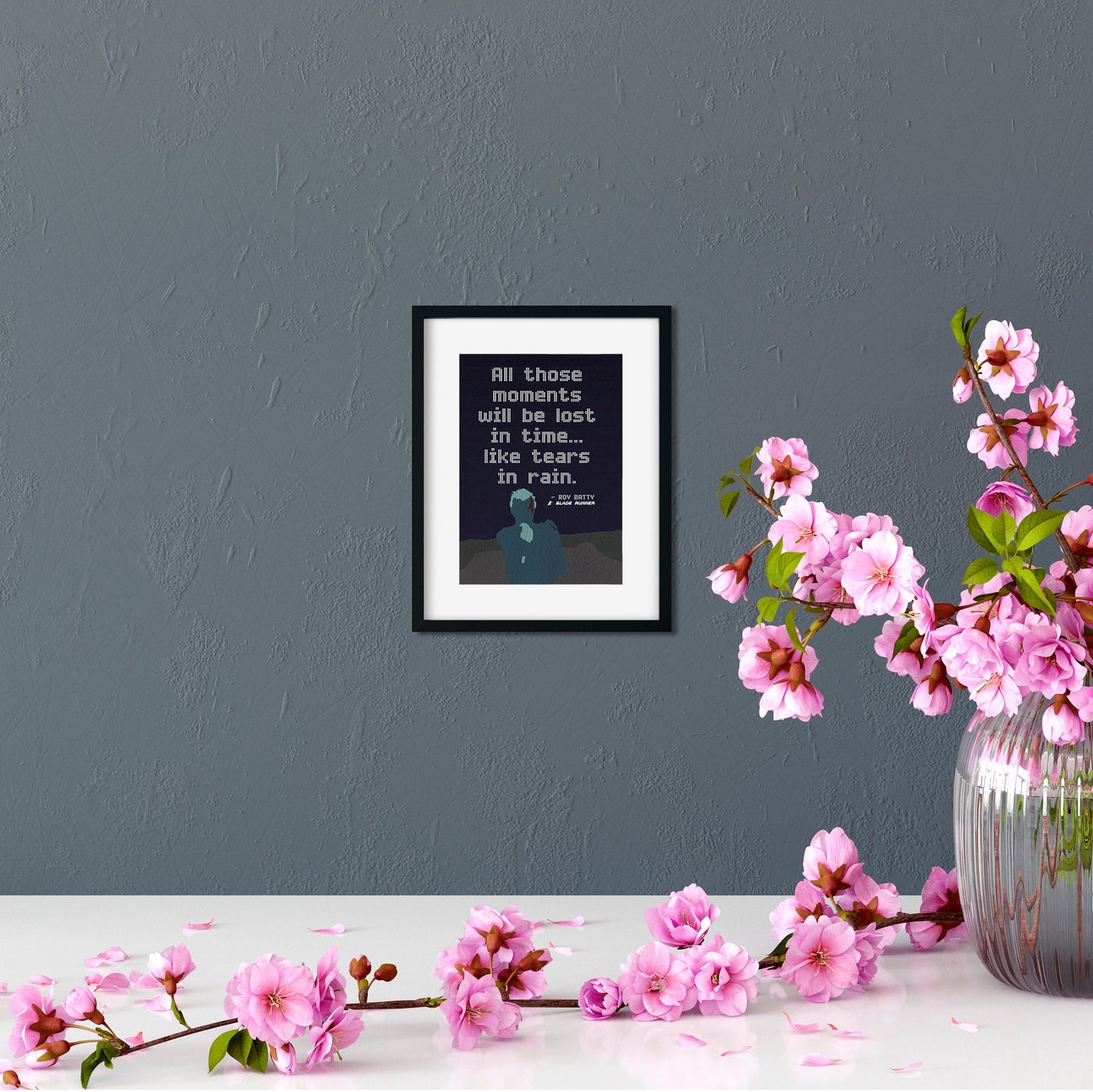 Tears in Rain Quote 5x7 Art Card framed on wall
