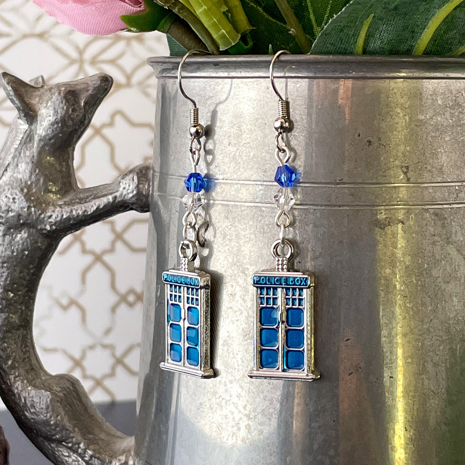 Doctor Who Police Box Enamel and Bead Earrings - Crystal and blue