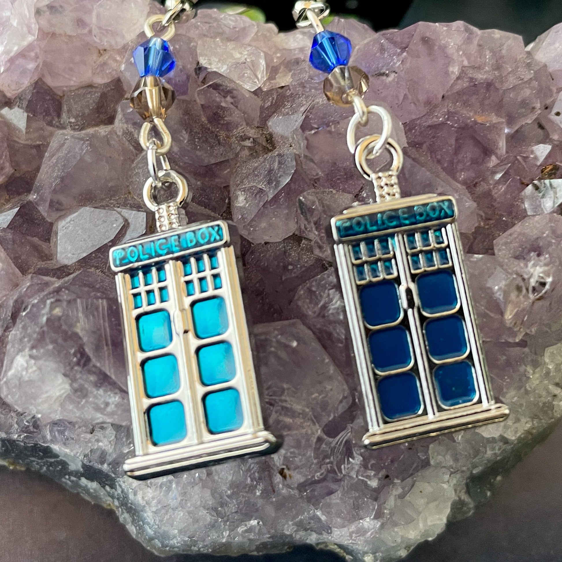 Doctor Who Police Box Enamel and Bead Earrings - Smoke and Blue