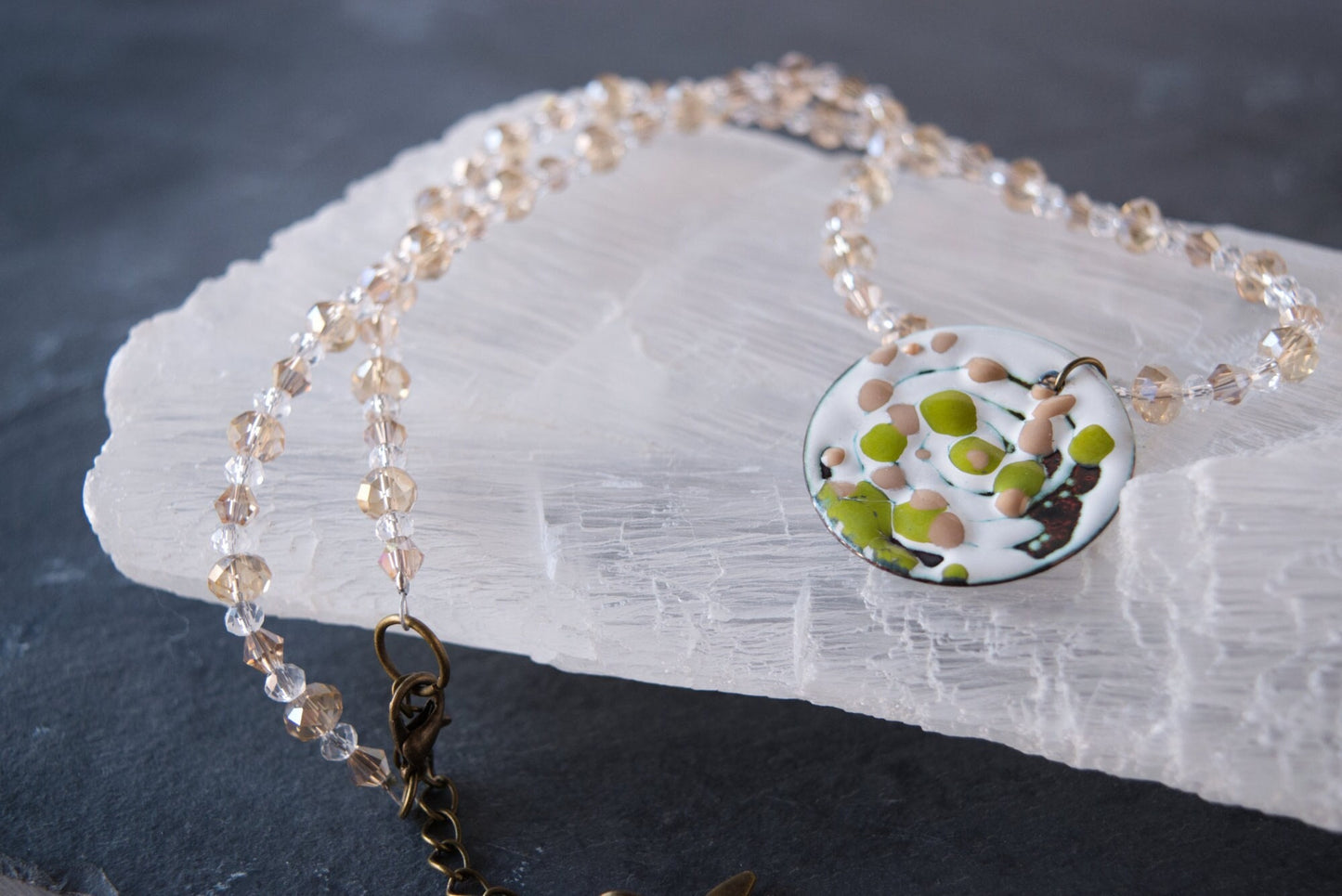 Green and Caramel Enamel Pendant and Beaded Necklace