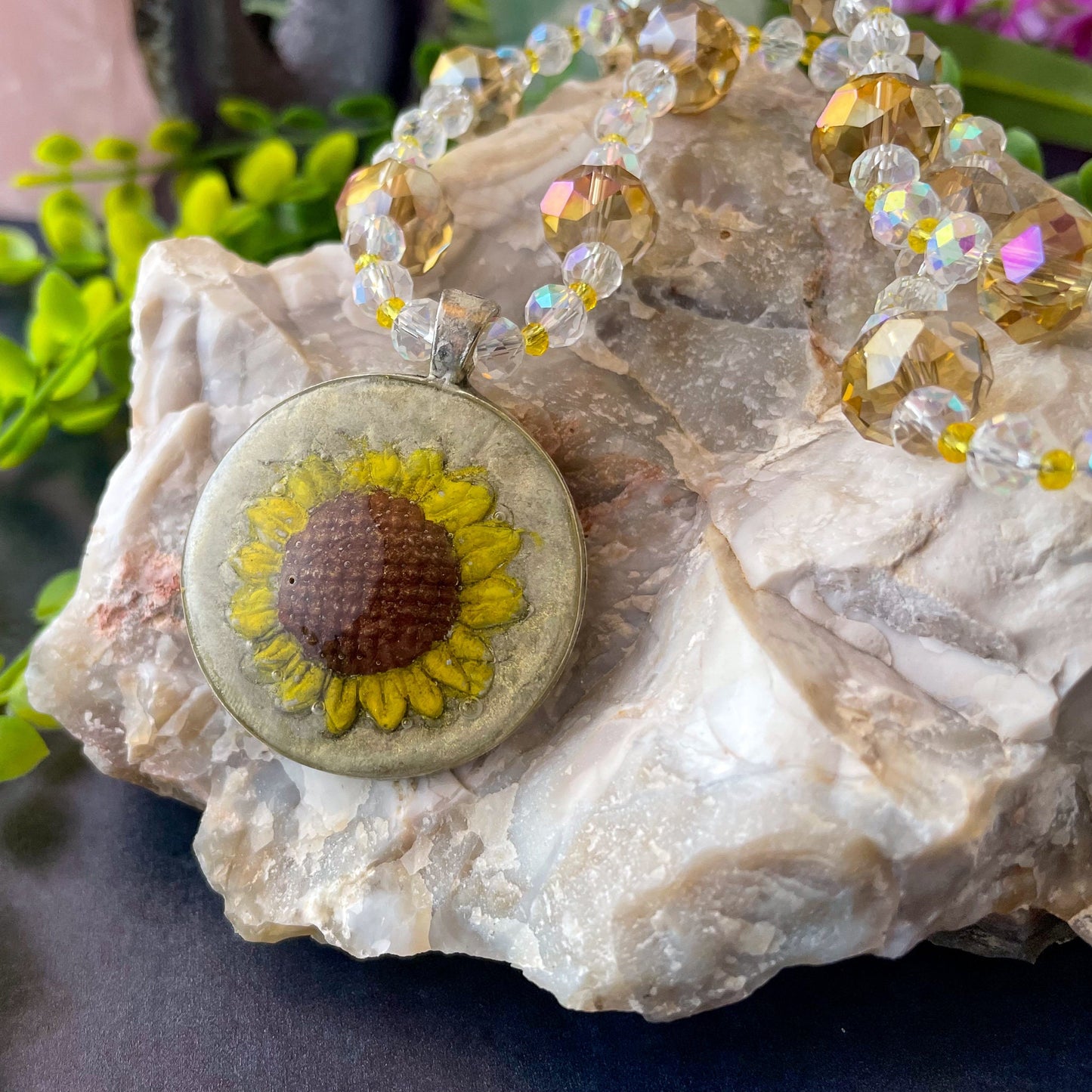 Hand-Painted Sunflower Clay Pendant and Bead Necklace