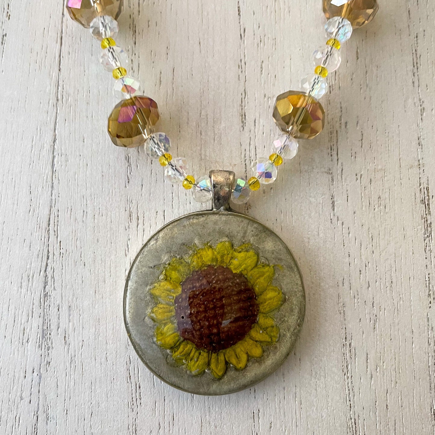 Hand-Painted Sunflower Clay Pendant and Bead Necklace