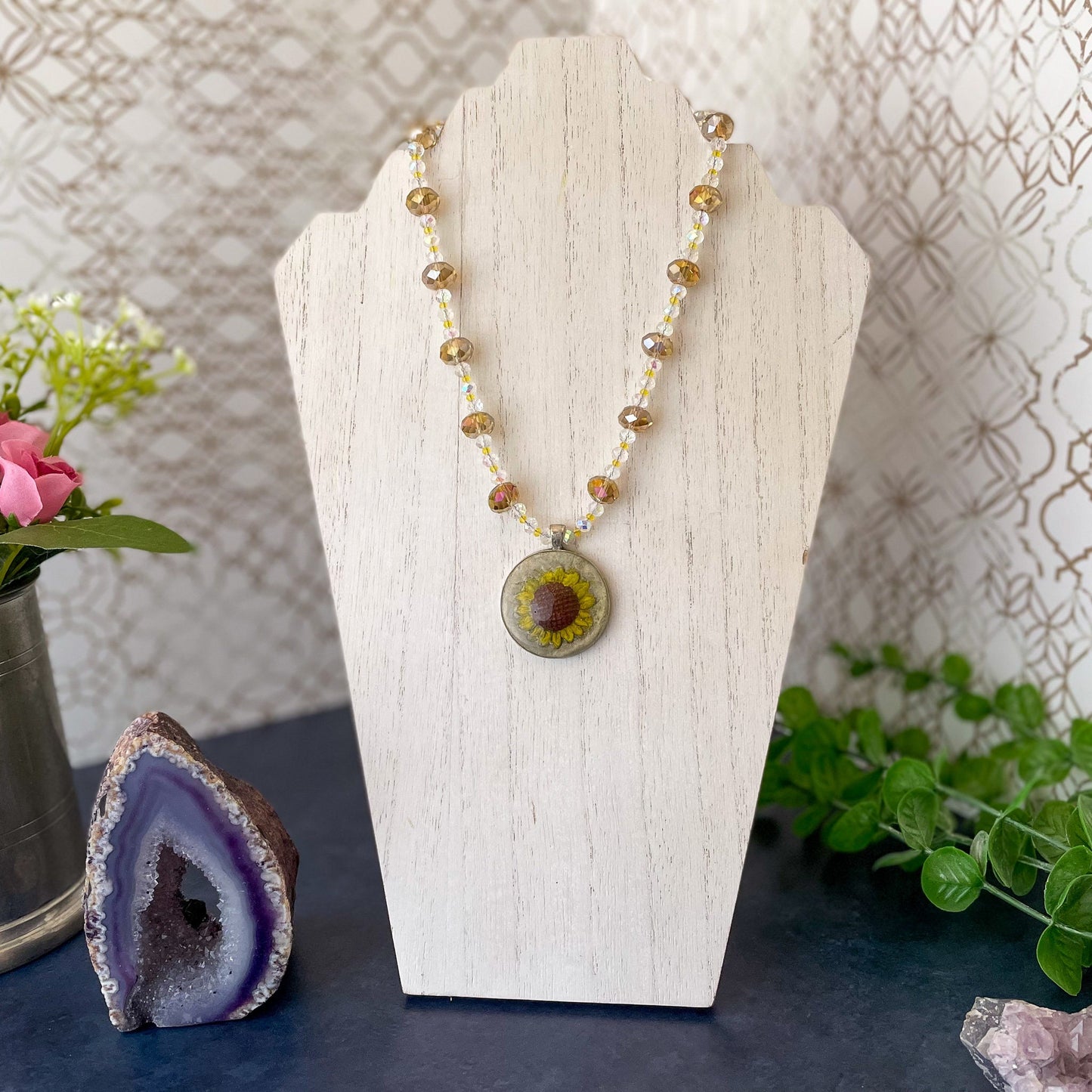 Hand-Painted Sunflower Clay Pendant and Bead Necklace