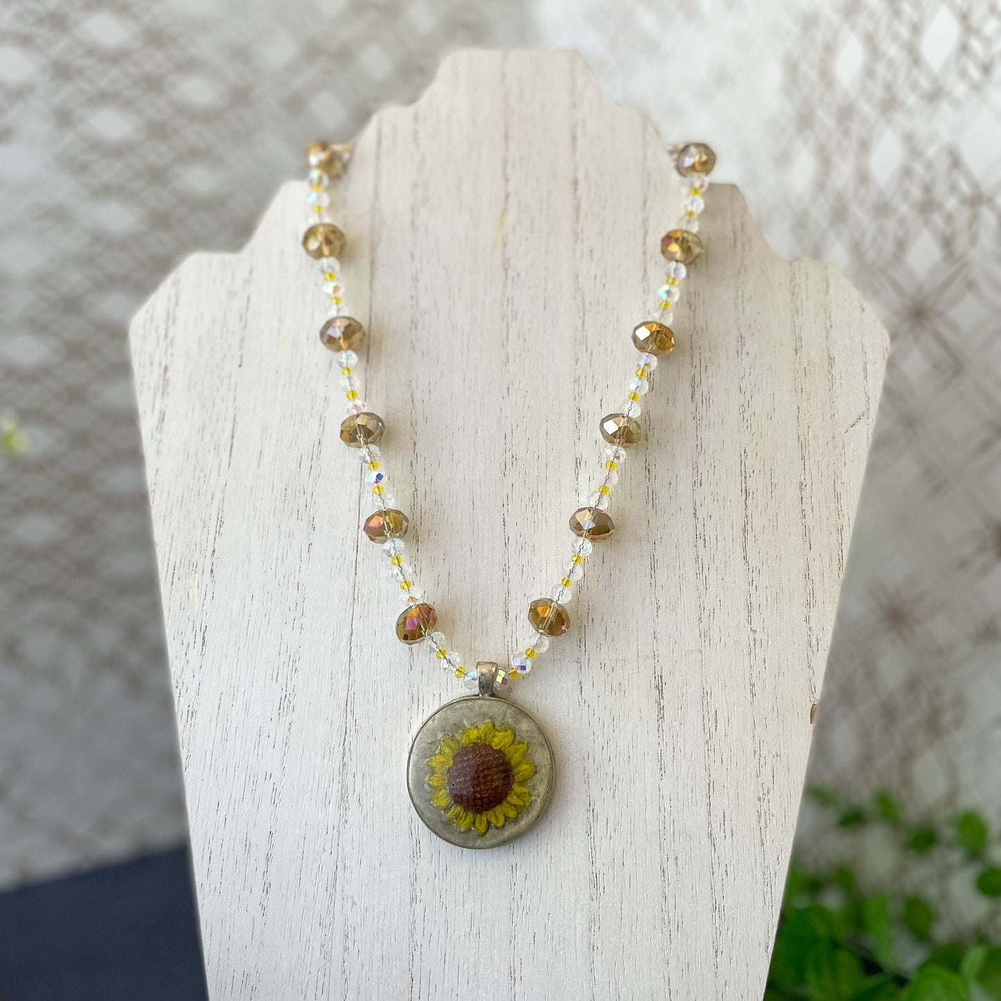 Hand-Painted Sunflower Clay Pendant and Bead Necklace