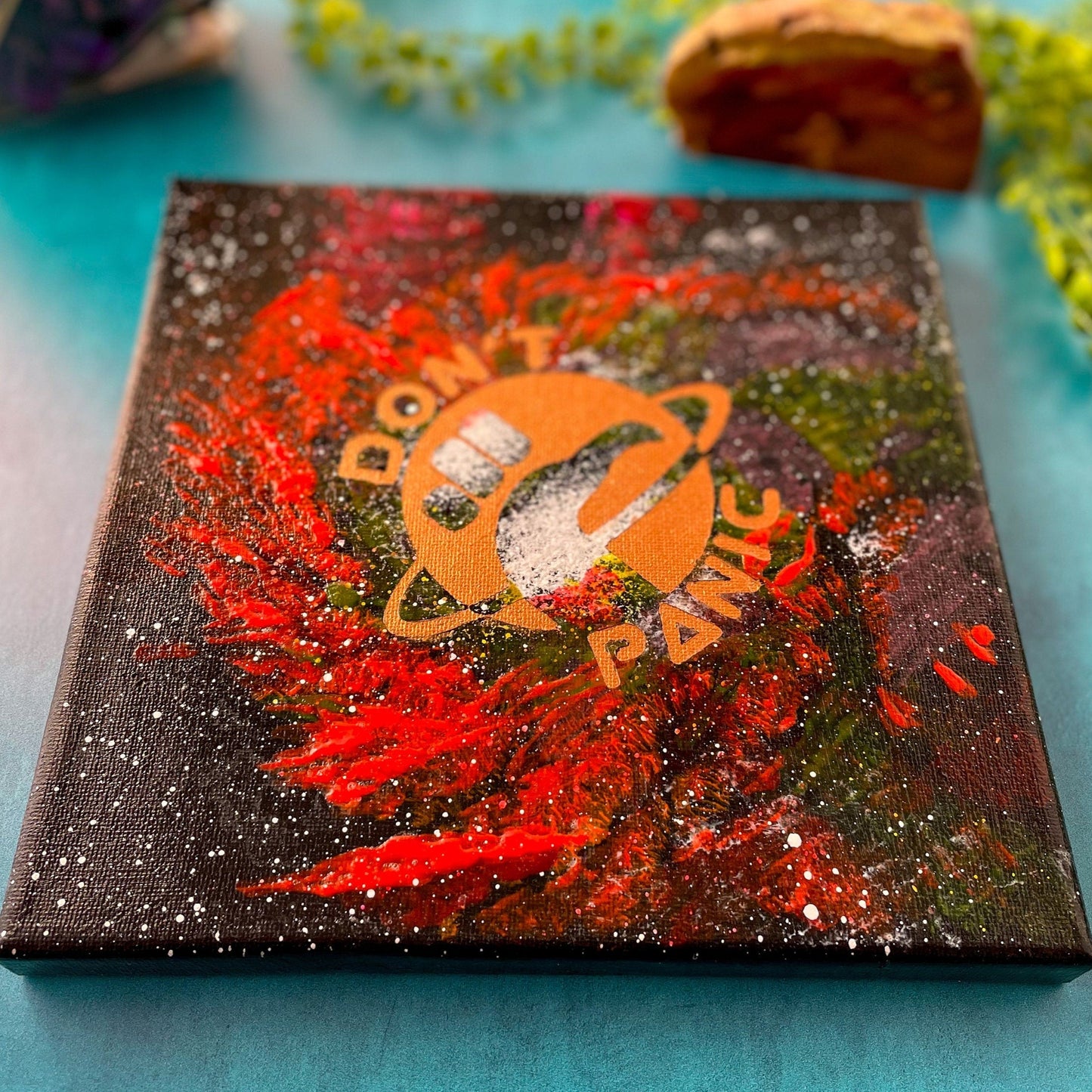 Don't Panic Hitchhiker's Guide 8x8 Geek Galaxy Painting close up
