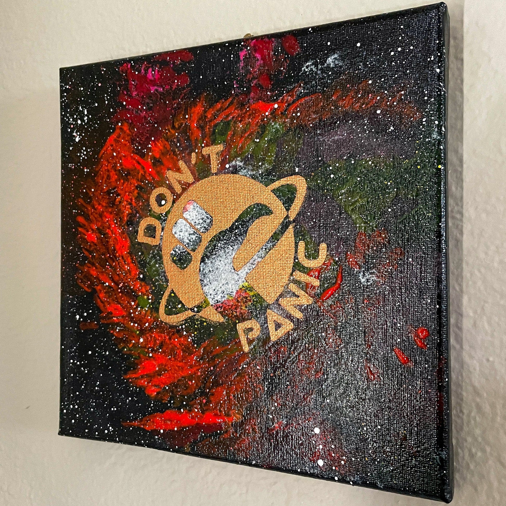 Don't Panic Hitchhiker's Guide 8x8 Geek Galaxy Painting on angle on wall