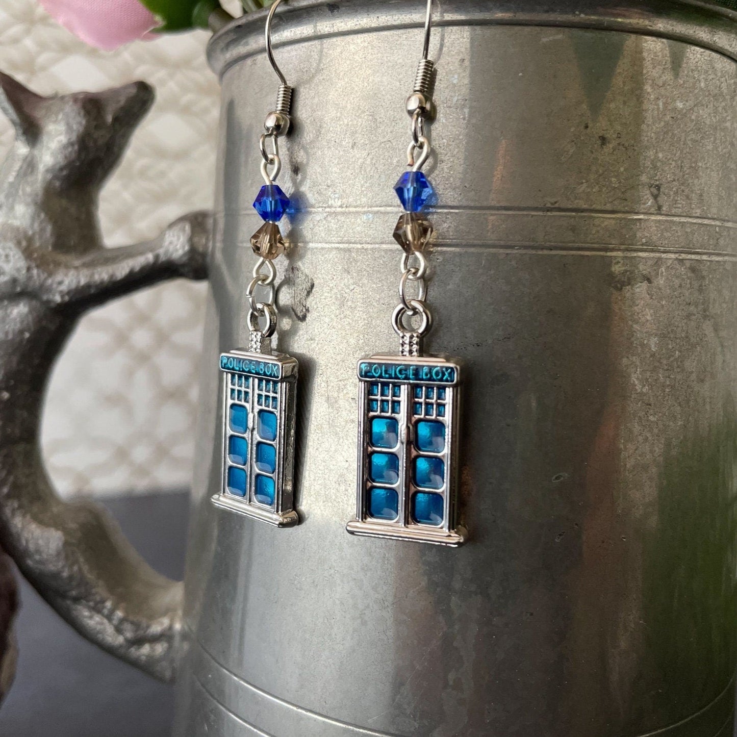 Doctor Who Police Box Enamel and Bead Earrings - Smoke and Blue