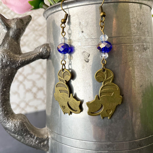 Cheshire Cat Charm and Crystal Bead Earrings Deep Blue