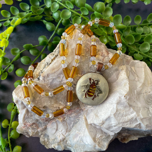 Hand Painted Bee Clay Pendant and Bead Necklace