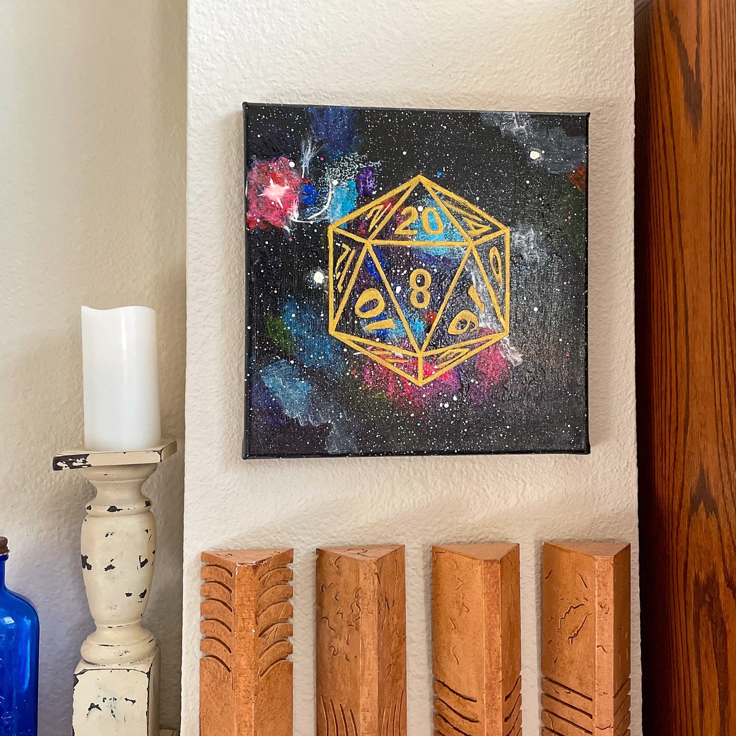 D20 Orion Nebula 10x10 Geek Galaxy Painting on wall with stones