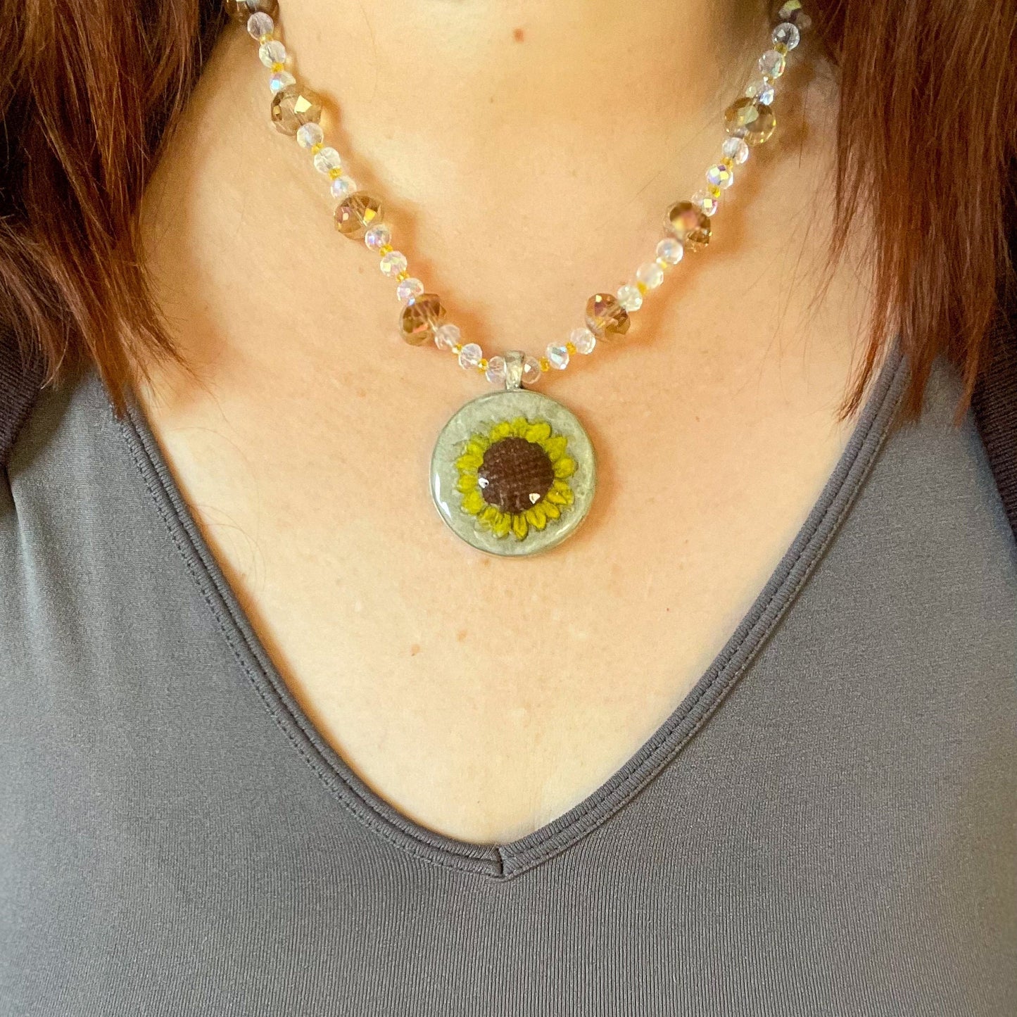 Hand-Painted Sunflower Clay Pendant and Bead Necklace