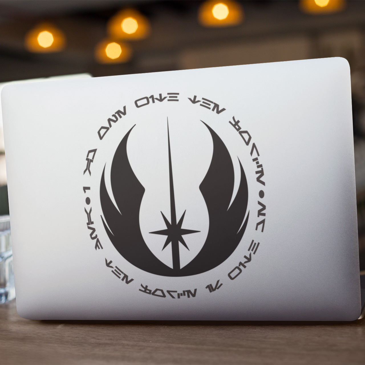 I am one with the Force Aurebesh Jedi Decal on a laptop in Griege