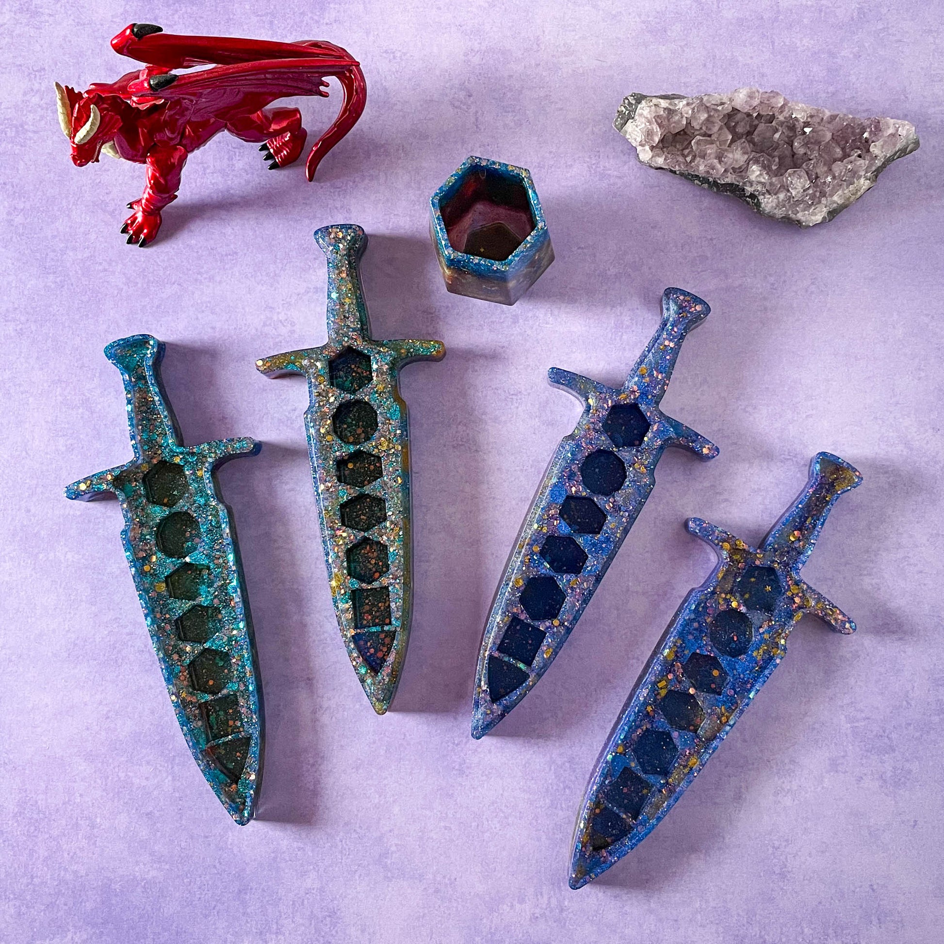 Custom Dagger Dice Box - teal and blue