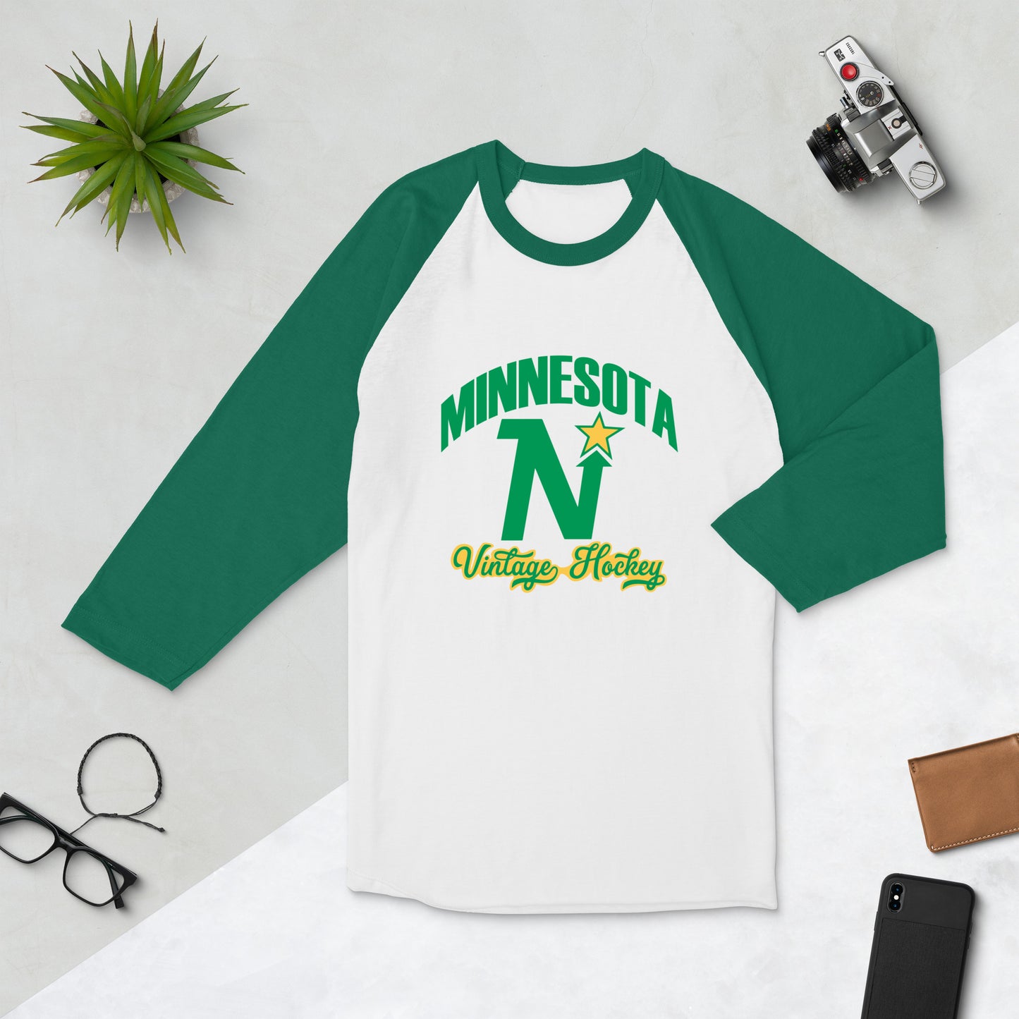 Minnesota Vintage Hockey 3/4 Sleeve Raglan Shirt - White/Kelly